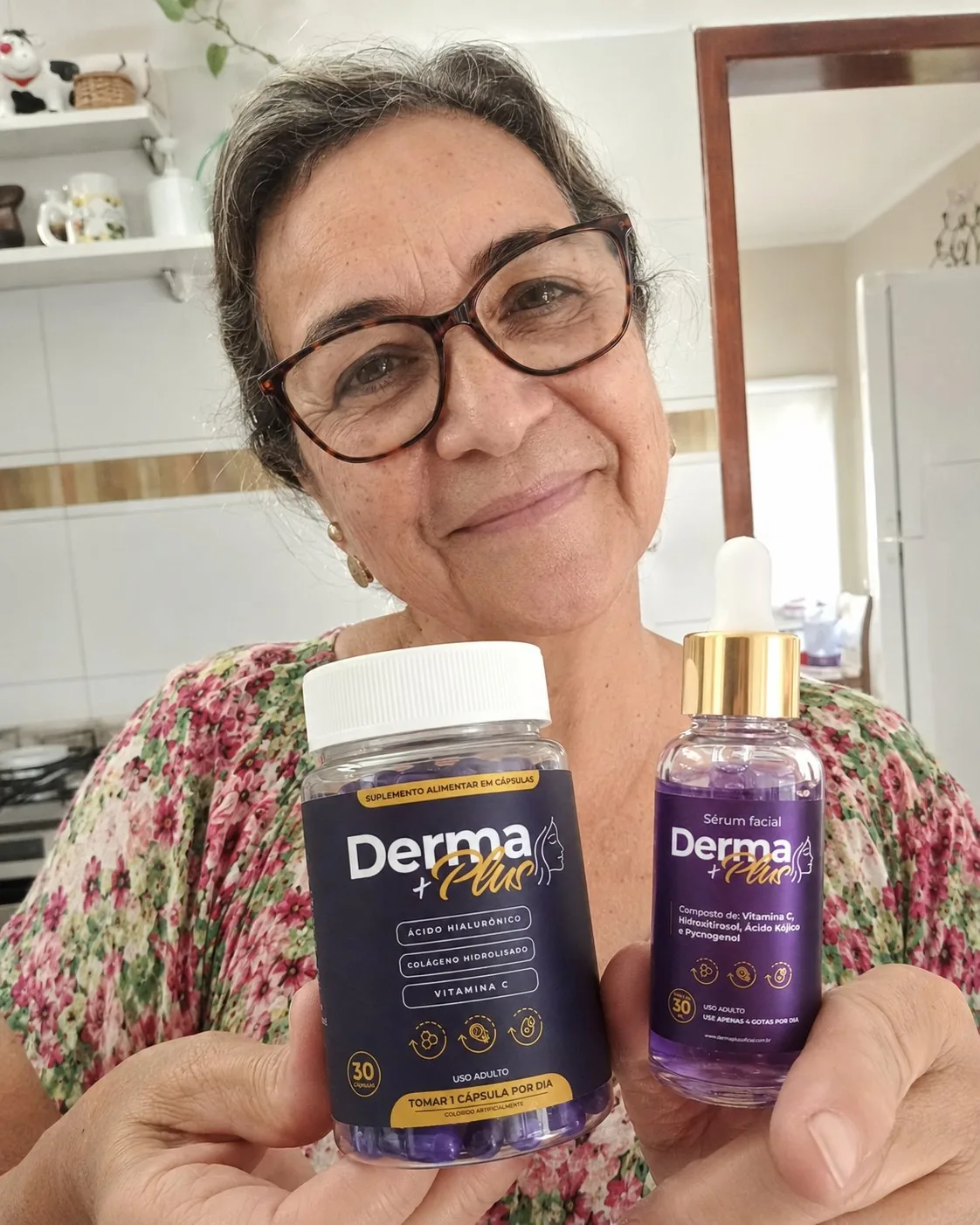 Cliente Derma+ Plus com kit completo de colágeno e sérum em casa